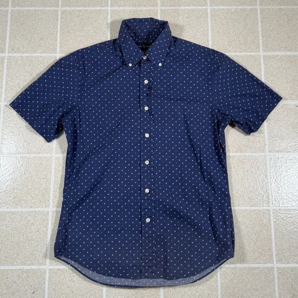 Polo Ralph Lauren Button Down Shirt Short Sleeve Navy Blue Polka Dot Sz M